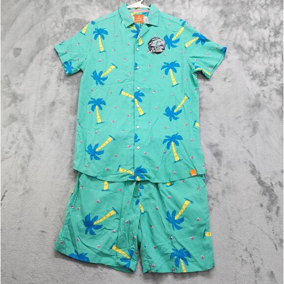 NEW Free Planet Shorts Set Mens XS Teal Green Tropical Palm Trees Beach Outfit - Picture 1 of 16
